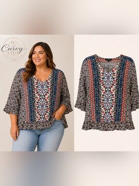Boho Cynthia Rowley Mixed Print 1X Bell Sleeves Casual Top